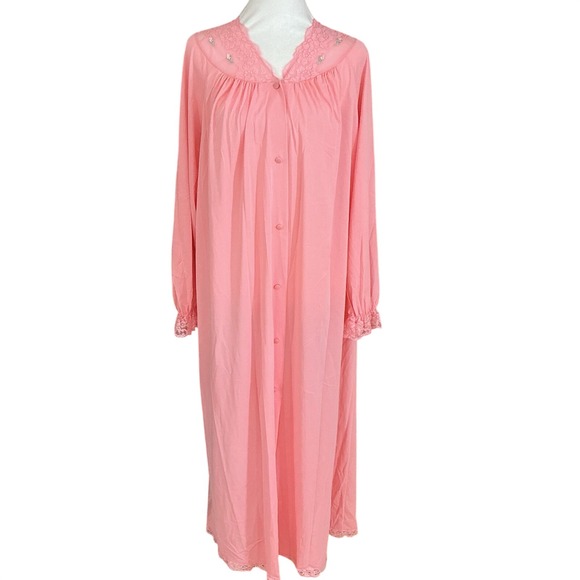 Shadowline Other - Vintage Shadowline Button-Front Full Length Robe Pink Lace Bodice & Trim Medium